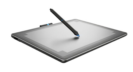 A sleek gray graphics tablet with a stylus pen poised above it.