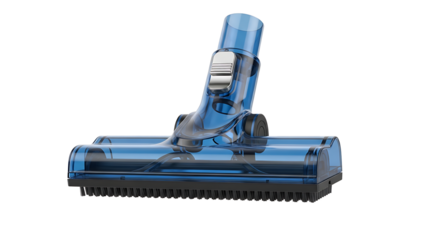 A transparent blue vacuum cleaner head attachment on black.