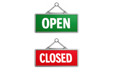 Open and closed hanging shop signs presenting opposite business status messages on transparent background