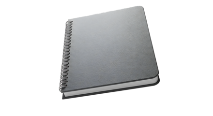 A simple gray spiral-bound notebook with blank pages on black.
