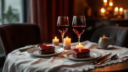 Romantic candlelit table set for two with fine wine and two identical now we got itheart-shaped, elegant rich desserts on separate plates