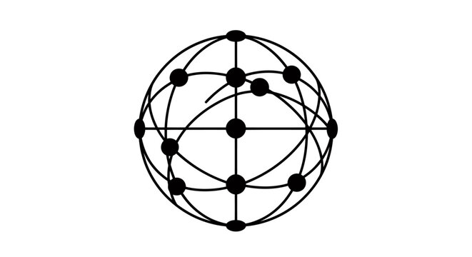 Abstract black network globe with interconnected nodes and lines.