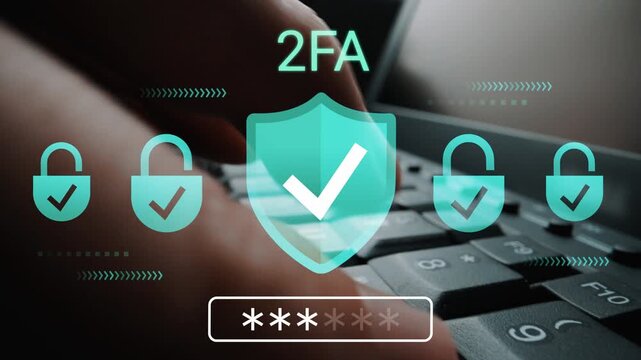 Two-Factor Authentication Concept with Hands Typing on Keyboard and Security Symbols for Online Protection and User Verification Purposes Gluon.