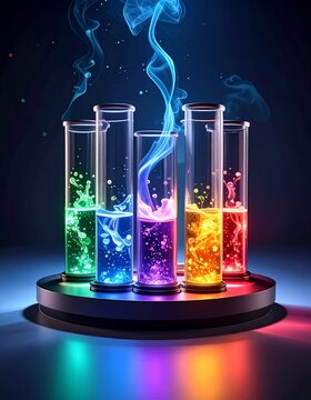 Five colorful test tubes, with liquid, smoke, and a glowing base