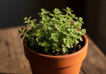 Small oregano herb plant in terracota pot on wooden table 