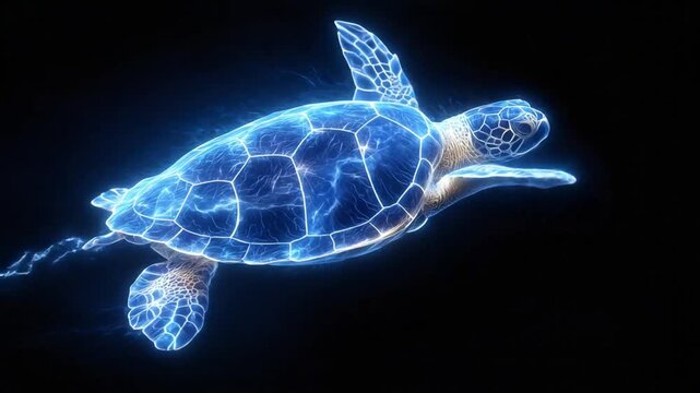 A glowing neon sea turtle swims through a dark, blue aquatic environment, radiating a vibrant light