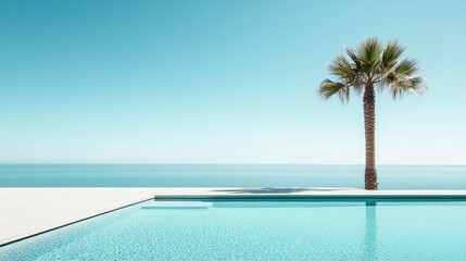 A palm tree is in front of a pool