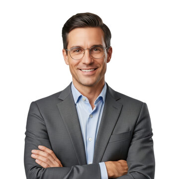 Confident Businessman with Glasses Arms Crossed Isolated PNG with Transparent Background