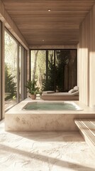 A bathroom with a bathtub and a bench