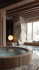 A large stone wall with a stone fireplace and a small pool