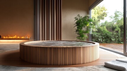 A large wooden bathtub with a fire in the background