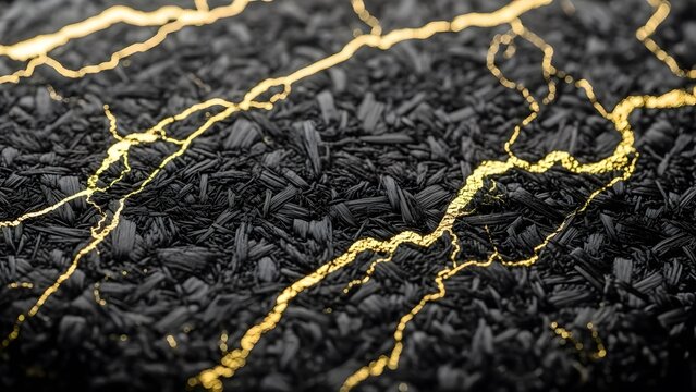 Macro texture of black forged carbon fiber with gold foil