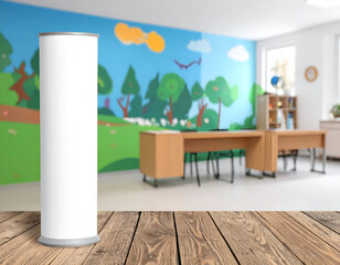 Blank sign in a modern classroom setting, ideal for advertising or informational use in educational environments.