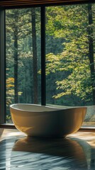 A bathtub is sitting in front of a window