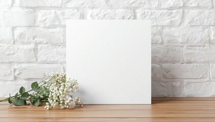 Mock up poster frame and flowers. White square canvas against a brick wall 