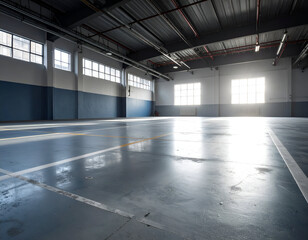 Spacious empty warehouse interior with large windows, ideal for commercial use or creative projects requiring open, versatile spaces.