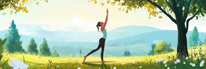 A woman is doing yoga in a field