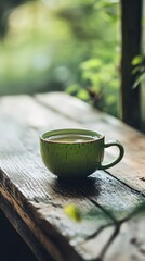 A green mug with tea in it sits on a wooden table