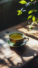 A green tea cup with a saucer sits on a wooden table
