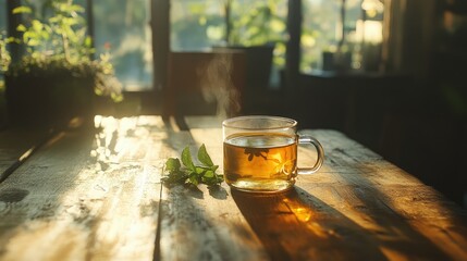 A cup of tea with a leaf in it sits on a wooden table