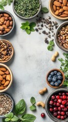 A variety of nuts and berries are displayed in bowls