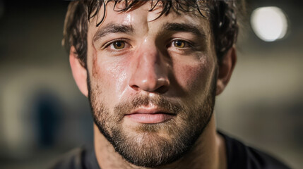 Fototapeta premium Frontal portrait of a rugby player with bruises after a match, stern athletic expression, emotions after the game, background with stadium lights