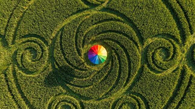Intricate green crop circle with multiple spiral patterns in a lush field, featuring a vibrant rainbow umbrella at the center, captured from a top-down aerial perspective