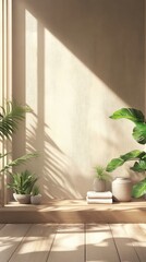 A white wall with a window and a plant on it