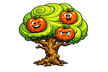 Cartoon apple tree growing apples with varying emotions, including happy, winking, and angry expressions, transparent background