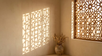 Sunlight Through Geometric Lattice Screen Casting Patterned Shadows on Clean Plaster Wall