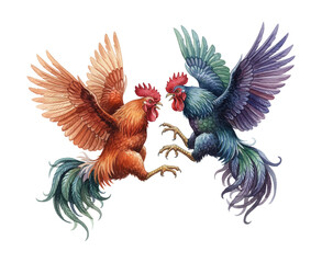 Obraz premium Two vibrant roosters engaging in a fierce battle midair with wings open and talons out