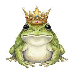 Obraz premium Regal Green Frog Wearing a Golden Crown with Colorful Gems Sitting Serenely in a Detailed Watercolor Illustration