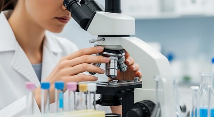 A female scientist in a white lab coat meticulously examining samples under a powerful microscope in a modern laboratory setting.