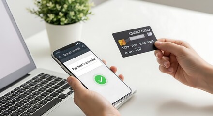 Hands holding a smartphone displaying a successful payment confirmation and a credit card, with a laptop and plant in the background.