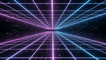 Futuristic Neon Grid Tunnel with Glowing Digital Particles and Gradient Colors