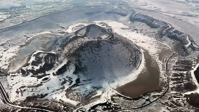 Meke Crater Lake in Snowy Weather &ndash; Aerial Drone View