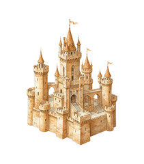 Obraz premium Majestic fairytale castle with multiple turrets towers and flags detailed watercolor illustration on white background