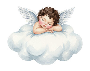 Fototapeta premium A peaceful sleeping cherubic baby with white wings resting on a soft cloud watercolor illustration