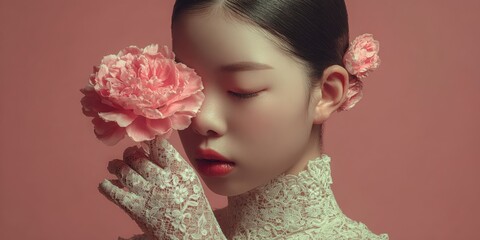 Young Woman in Lace Dress Holding Pink Flower Near Face