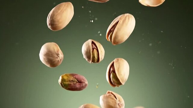 Shelled and whole pistachios falling with fresh water droplets in a soft green studio.