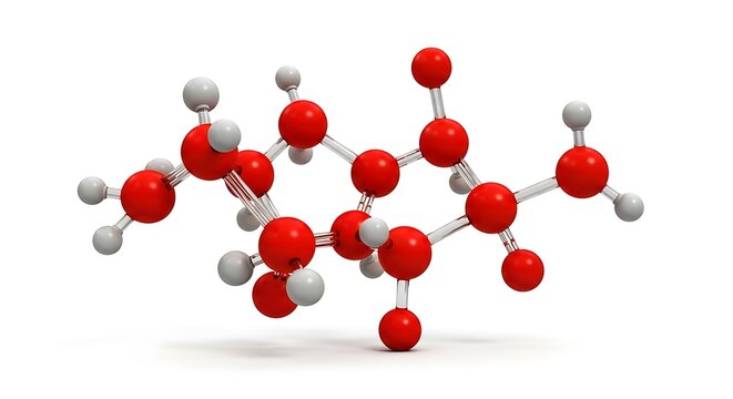 3D Rendered Glucose Molecule Structure on White Background.