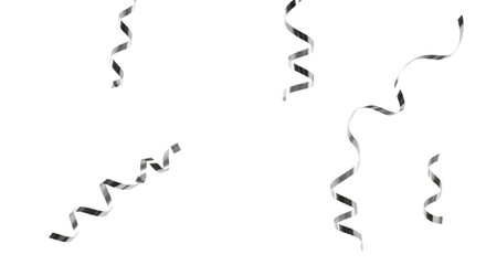 Shiny silver confetti (squares, circles, stars) and curling serpentine ribbons cascade with motion blur against a brightly lit transparent background, caught mid-fall. Celebratory luxury atmosphere