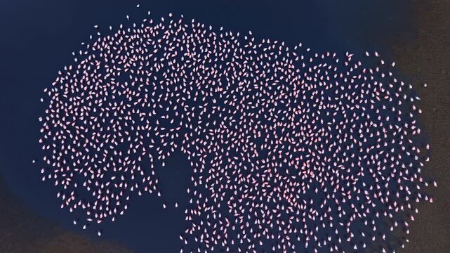 Elegant flamingos flock together on the calm lake surface during twilight, their graceful forms creating a breathtaking tableau in the peaceful evening sky.