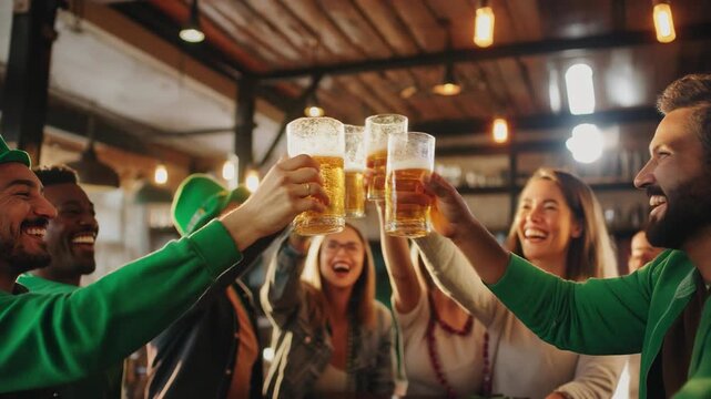 Happy diverse friends toasting beer glasses celebrating St. Patrick's Day at pub party
