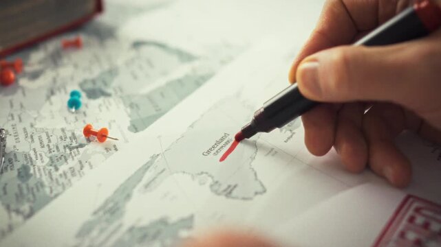 A man's hand circles Greenland on a world map with a marker, highlighting its strategic Arctic position amidst discussions on sovereignty and autonomy, amidst ties to Denmark, in the Atlantic region