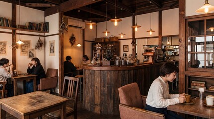 Cozy Cafe Interior: Inside a warmly lit cafe, a harmonious blend of vintage design elements and a serene atmosphere, where customers enjoy tranquil moments. 