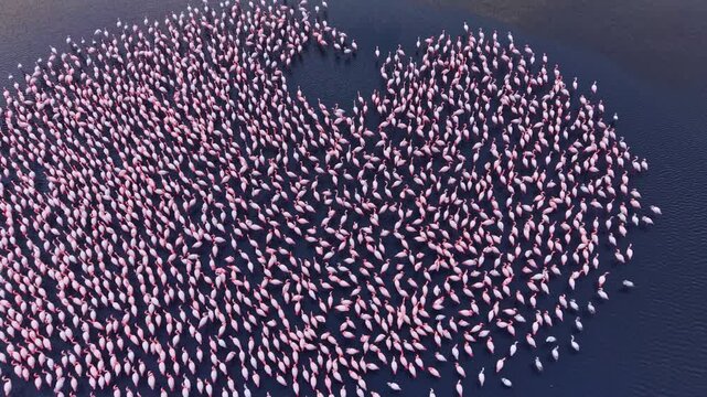 A vibrant flock of flamingos creates stunning patterns on the calm water as the sun sets, casting warm hues over the serene landscape, showcasing nature's artistry and harmony.