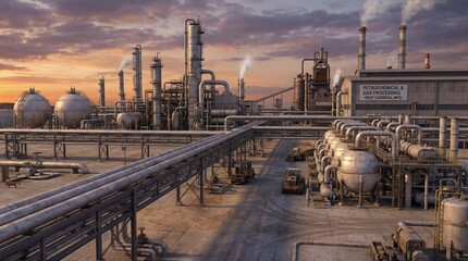 Industrial Marvel: An expansive industrial complex, a symphony of steel and smoke, stands as a testament to human innovation. The photograph captures the intricate network of pipes, tanks, and towers.