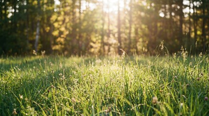 Sunlit Meadow Scene: The sun's warm rays illuminate a vibrant meadow, casting a gentle glow on the lush green grass and creating a serene atmosphere.