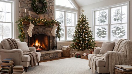 Cozy Christmas Retreat: A warm and inviting living room is adorned with Christmas decorations, featuring a lit Christmas tree and a cozy fireplace with stockings, creating a scene of holiday cheer.